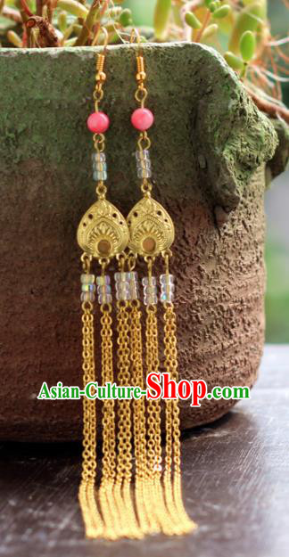 Chinese Handmade Hanfu Golden Long Tassel Earrings Traditional Ancient Palace Ear Accessories for Women
