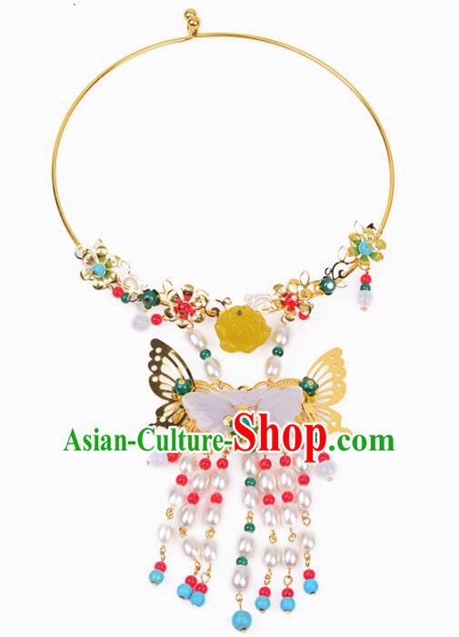 Top Grade Chinese Handmade Hanfu Jade Butterfly Necklace Traditional Bride Jewelry Accessories for Women