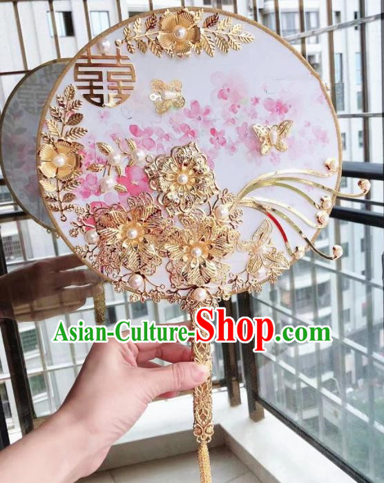 Chinese Handmade Bride Golden Flowers Palace Fans Wedding Accessories Classical Round Fan for Women