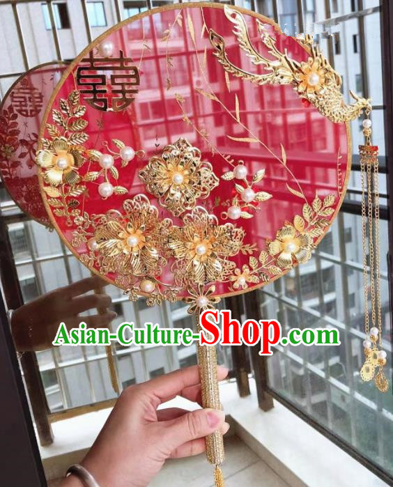 Chinese Handmade Bride Palace Fans Wedding Accessories Classical Red Silk Round Fan for Women