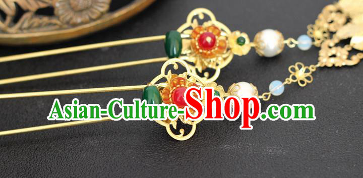 Handmade Chinese Ancient Princess Golden Leaf Tassel Hairpins Traditional Hair Accessories Headdress for Women