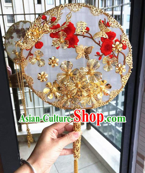 Chinese Handmade Bride Palace Fans Wedding Accessories Classical Golden Phoenix Round Fan for Women