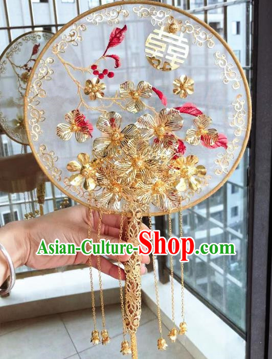 Chinese Handmade Bride Palace Fans Wedding Accessories Classical Golden Tassel Round Fan for Women