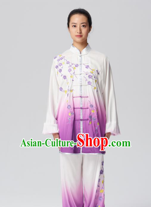 Chinese Traditional Kung Fu Tai Chi Group Embroidered Plum Blossom Purple Costume Martial Arts Competition Clothing for Women