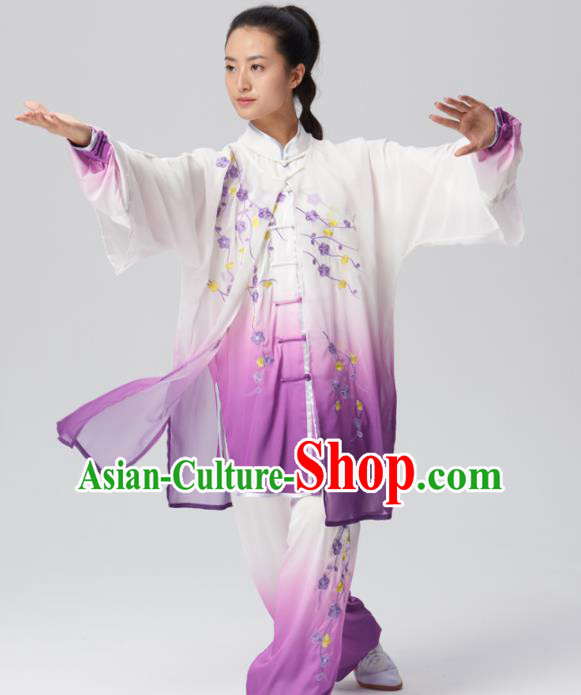Chinese Traditional Tai Chi Group Embroidered Plum Blossom Purple Costume Martial Arts Kung Fu Competition Clothing for Women