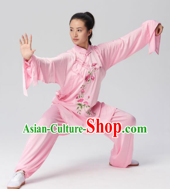 Chinese Traditional Tai Chi Group Embroidered Pink Costume Martial Arts Kung Fu Competition Clothing for Women