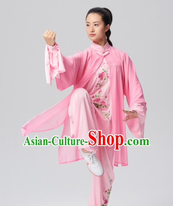 Chinese Traditional Tai Chi Group Embroidered Pink Silk Costume Martial Arts Kung Fu Competition Clothing for Women