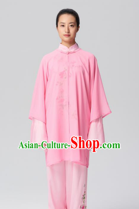 Chinese Traditional Tai Chi Group Embroidered Pink Silk Costume Martial Arts Kung Fu Competition Clothing for Women