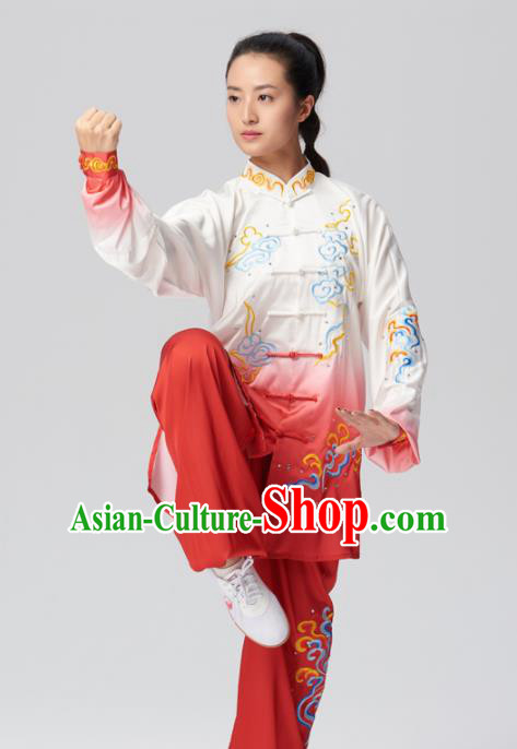 Chinese Traditional Tai Chi Group Embroidered Clouds Red Costume Martial Arts Kung Fu Competition Clothing for Women