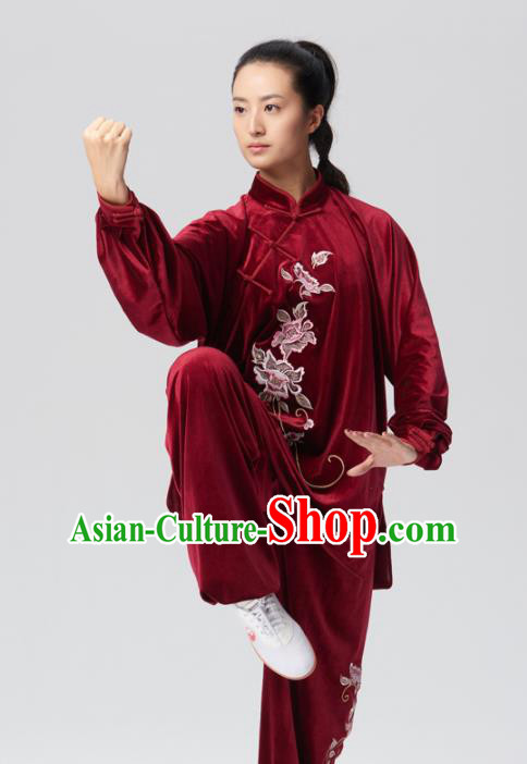 Chinese Traditional Tai Chi Group Wine Red Velvet Costume Martial Arts Kung Fu Competition Clothing for Women