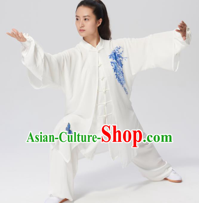 Chinese Traditional Tai Chi Group Printing Peony Silk Costume Martial Arts Kung Fu Competition Clothing for Women