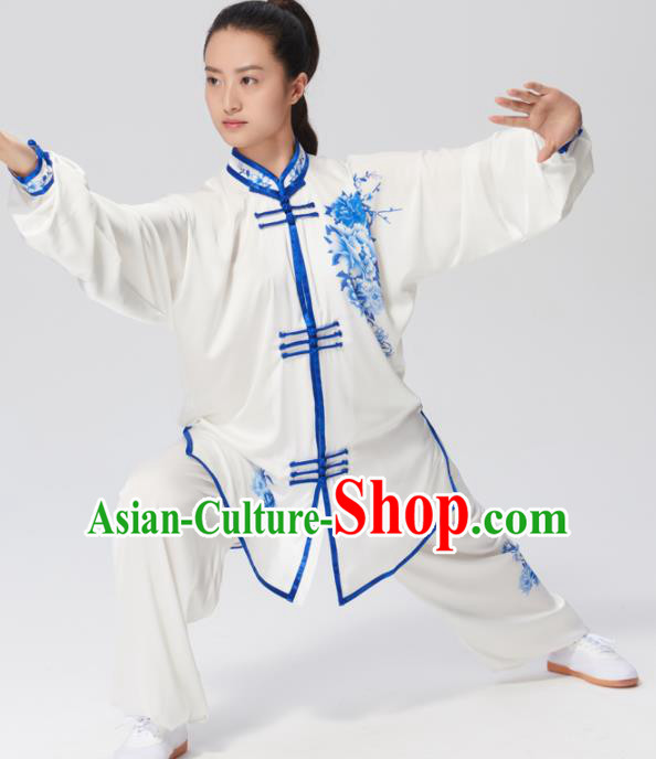 Chinese Traditional Tai Chi Group Printing Blue Peony Costume Martial Arts Kung Fu Competition Clothing for Women