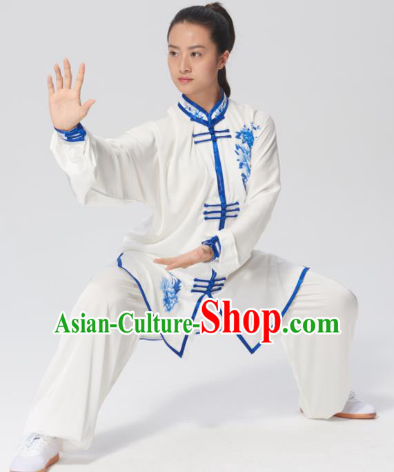 Chinese Traditional Tai Chi Group Printing Blue Peony Costume Martial Arts Kung Fu Competition Clothing for Women