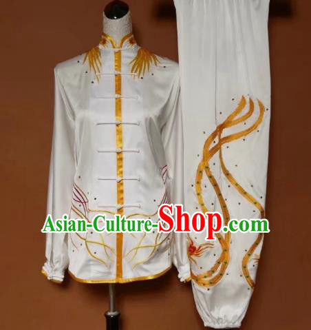 Chinese Traditional Tai Chi Group Embroidered Phoenix White Costume Martial Arts Kung Fu Competition Clothing for Women