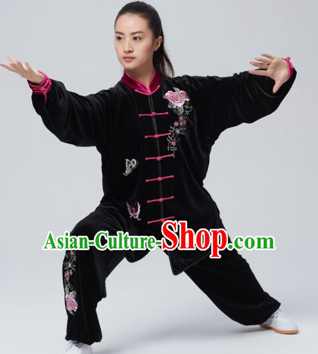 Chinese Traditional Tai Chi Group Embroidered Peony Black Velvet Costume Martial Arts Kung Fu Competition Clothing for Women