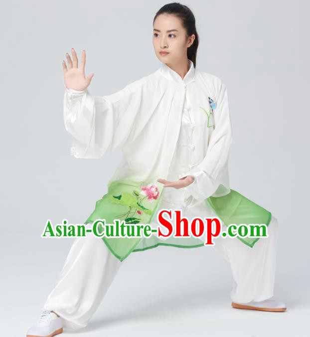 Chinese Traditional Tai Chi Group Green Silk Costume Martial Arts Kung Fu Competition Embroidered Lotus Clothing for Women