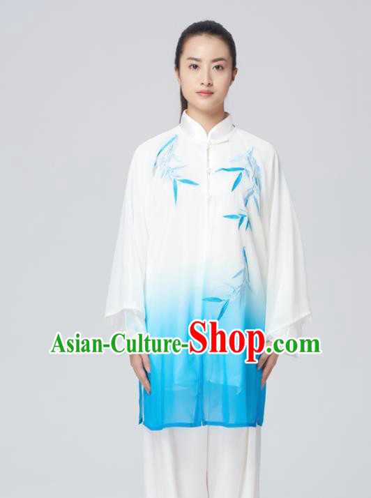 Chinese Traditional Tai Chi Group Embroidered Bamboo Blue Costume Martial Arts Kung Fu Competition Green Silk Clothing for Women