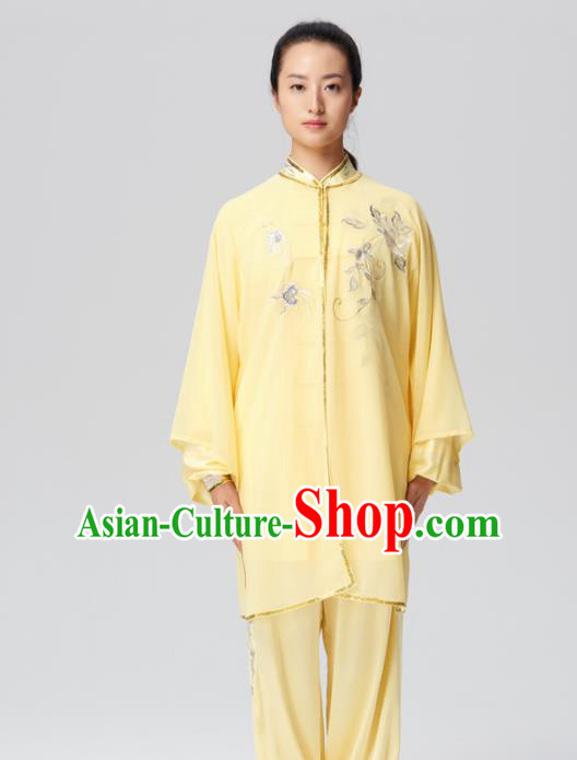 Chinese Traditional Tai Chi Group Embroidered Yellow Costume Martial Arts Kung Fu Competition Silk Clothing for Women