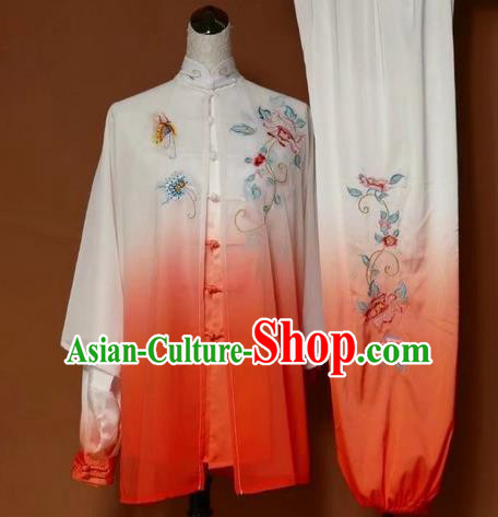 Chinese Traditional Martial Arts Kung Fu Competition Costume Tai Chi Group Embroidered Peony Orange Clothing for Women