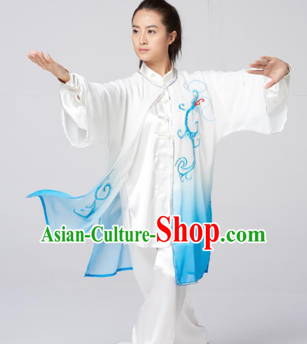 Chinese Traditional Martial Arts Kung Fu Competition Costume Tai Chi Group Embroidered Blue Silk Clothing for Women