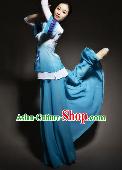 Chinese Traditional Classical Dance Costume Lotus Dance Blue Dress for Women