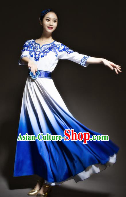 Chinese Traditional Chorus Blue Dress Modern Dance Stage Performance Costume for Women