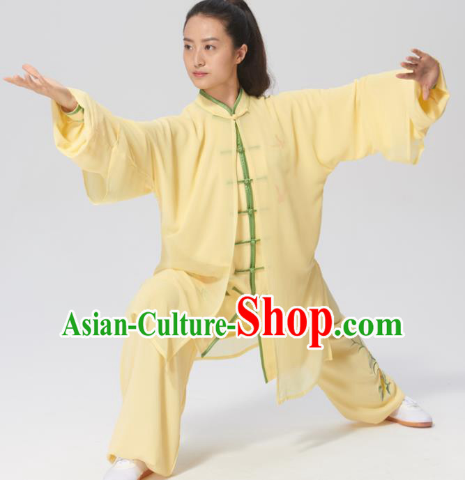 Chinese Traditional Tai Chi Group Embroidered Yellow Silk Costume Martial Arts Kung Fu Competition Clothing for Women