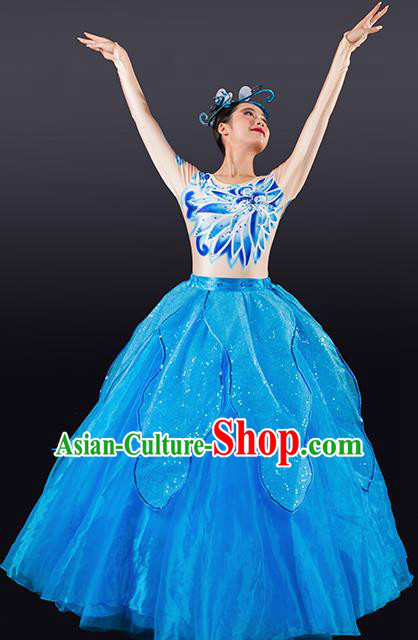 Chinese Traditional Chorus Blue Bubble Dress Modern Dance Stage Performance Costume for Women