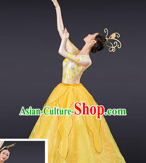 Chinese Traditional Chorus Yellow Bubble Dress Modern Dance Stage Performance Costume for Women
