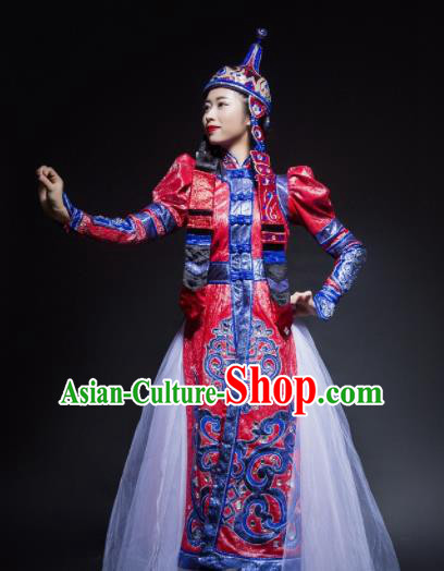 Chinese Traditional Mongol Nationality Costume Mongolian Ethnic Dance Embroidery Red Dress for Women