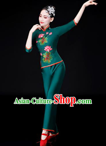 Chinese Traditional National Dance Printing Lotus Clothing Folk Dance Yangko Dance Green Clothing for Women