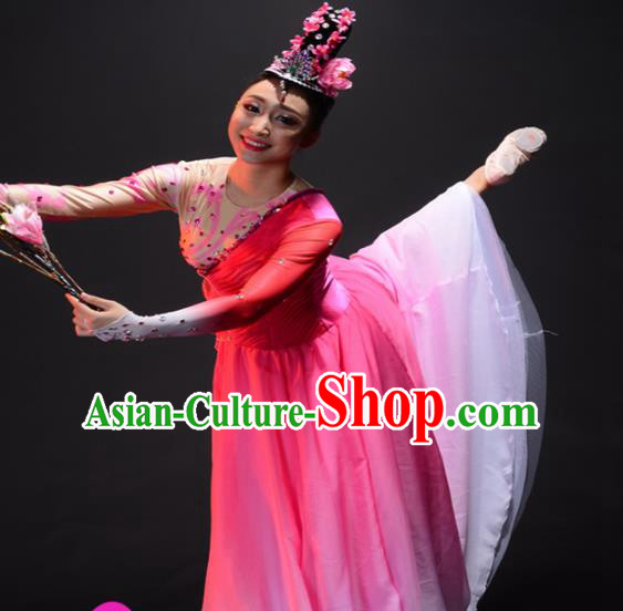 Chinese Traditional Classical Lotus Dance Costume Umbrella Dance Pink Dress for Women