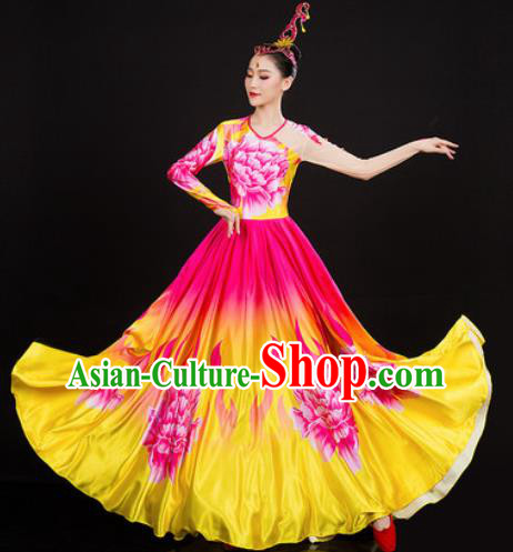 Chinese Traditional Classical Dance Printing Peony Dress Umbrella Dance Stage Performance Costume for Women