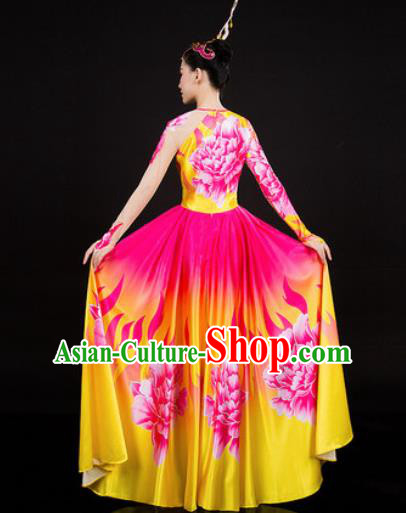 Chinese Traditional Classical Dance Printing Peony Dress Umbrella Dance Stage Performance Costume for Women