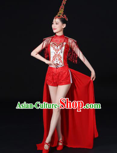 Chinese Traditional Folk Dance Red Clothing Group Drum Dance Stage Performance Costume for Women