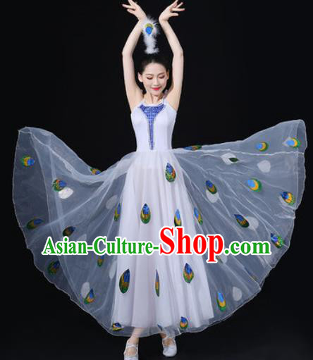 Traditional Chinese Dai Nationality Dance White Dress Folk Dance Peacock Dance Ethnic Costume for Women