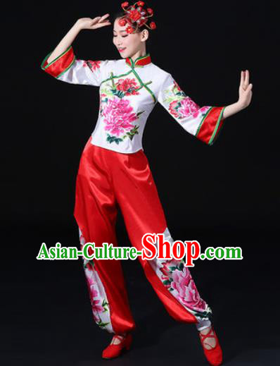 Chinese Traditional Folk Dance Printing Peony Clothing Group Yangko Dance Stage Performance Costume for Women