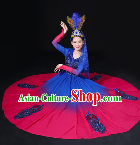 Traditional Chinese Uyghur Nationality Dance Blue Dress Uigurian Folk Dance Ethnic Costume for Women