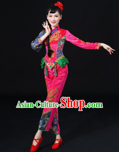 Chinese Traditional Folk Dance Fan Dance Rosy Clothing Group Yangko Dance Stage Performance Costume for Women