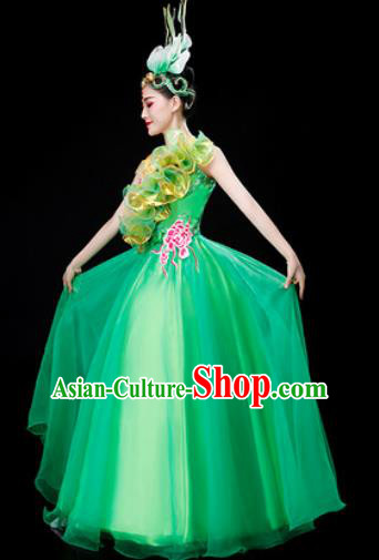 Chinese Traditional Opening Dance Green Dress Peony Dance Stage Performance Costume for Women