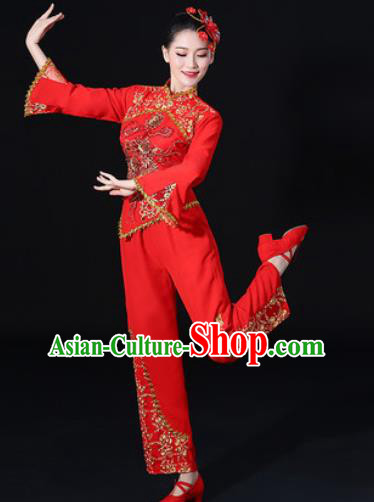 Chinese Traditional Fan Dance Red Clothing Group Yangko Dance Folk Dance Stage Performance Costume for Women
