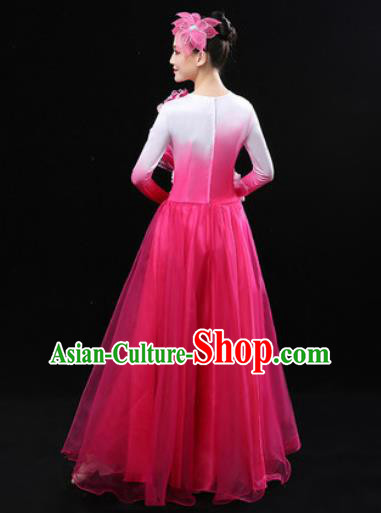 Chinese Traditional Chorus Modern Dance Pink Dress Opening Peony Dance Stage Performance Costume for Women