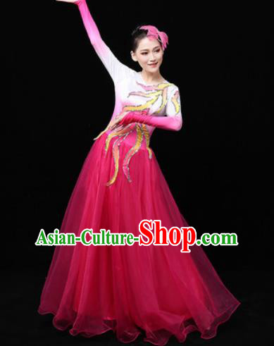 Chinese Traditional Chorus Modern Dance Rosy Veil Dress Opening Peony Dance Stage Performance Costume for Women