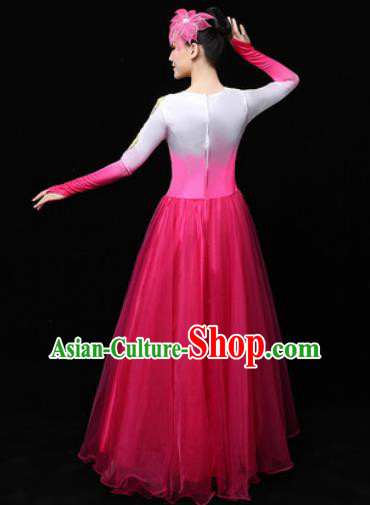 Chinese Traditional Chorus Modern Dance Rosy Veil Dress Opening Peony Dance Stage Performance Costume for Women