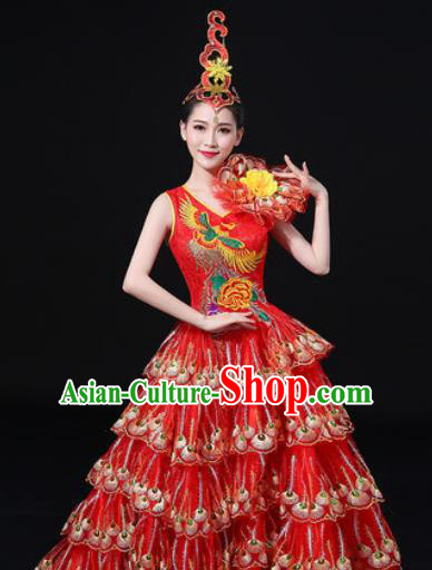 Chinese Traditional Modern Dance Red Dress Spring Festival Gala Opening Dance Stage Performance Costume for Women