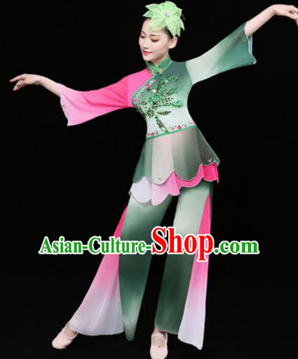 Chinese Traditional Stage Performance Fan Dance Deep Green Clothing Folk Dance Group Yangko Dance Costume for Women