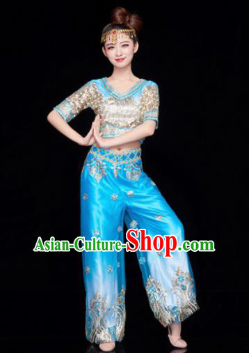 Traditional Chinese Folk Dance Stage Show Clothing Belly Dance Blue Costume for Women