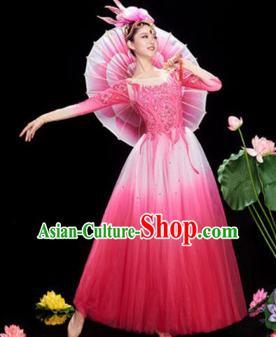 Chinese Traditional Opening Dance Rosy Veil Dress Modern Dance Chorus Stage Performance Costume for Women