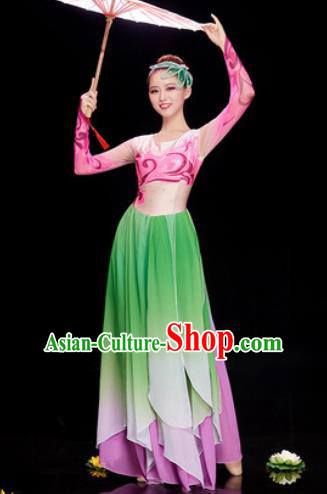 Chinese Traditional Umbrella Dance Green Dress Classical Jasmine Flower Dance Stage Performance Costume for Women