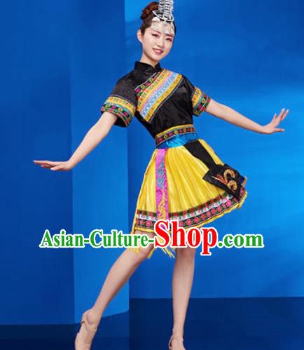 Traditional Chinese Zhuang Nationality Folk Dance Yellow Dress National Ethnic Dance Costume for Women